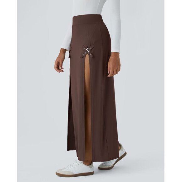 Halara High Waisted Decorative Buckle Split 2-in-1 Maxi Casual Skirt Sz Large Br - Picture 8 of 10